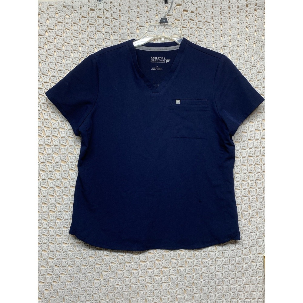 Fabletics Scrub Top Women Sz L Navy Blue V-Neck Feel Good Performance Uniform